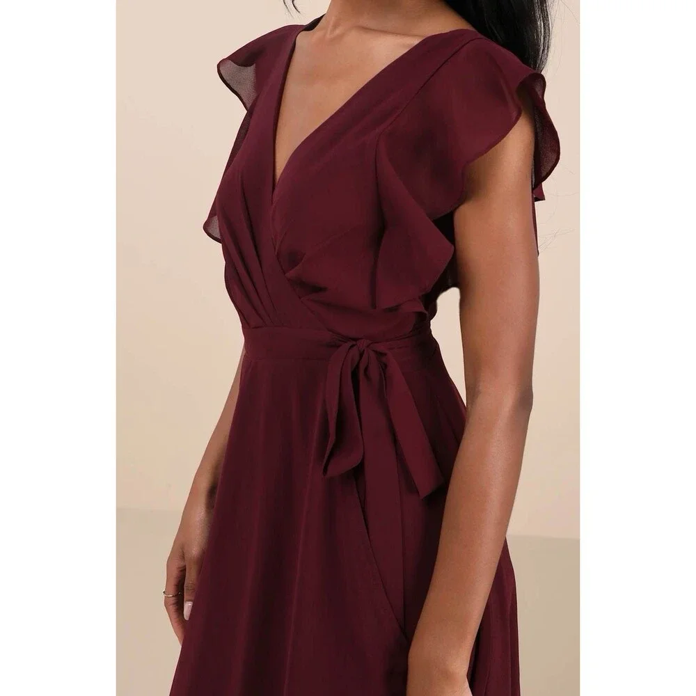 Lulu's Burgundy Ruffled Wrap Maxi Dress - Picture 2 of 8